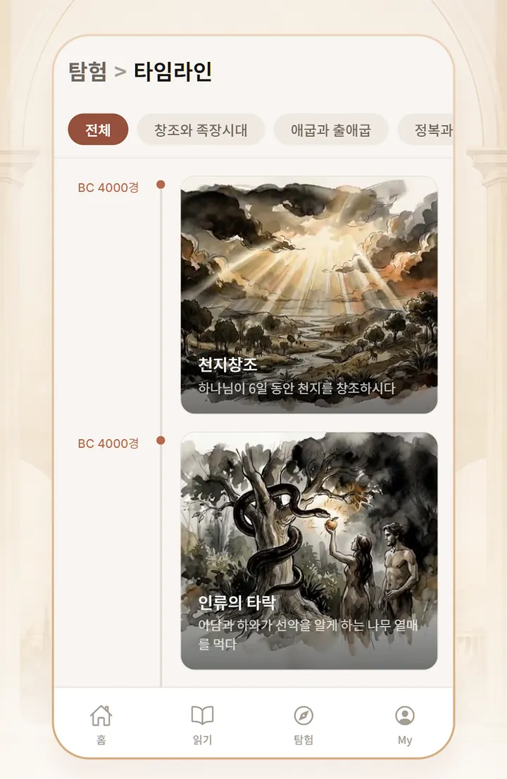 시대별 타임라인 — 천지창조와 인류의 타락이 연대순 카드로 놓인 화면