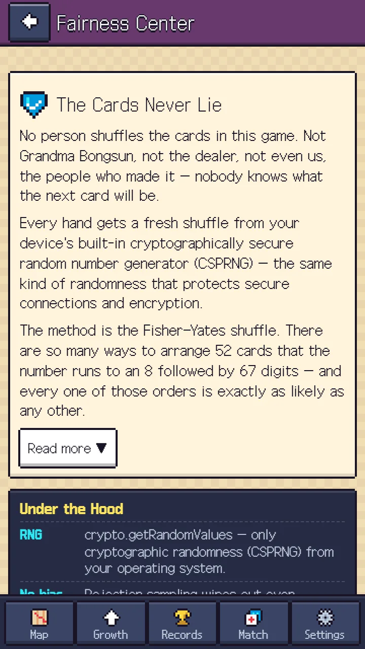 Fairness Center——「The Cards Never Lie」の見出しと説明(暗号論的に安全な乱数 CSPRNG、Fisher-Yates shuffle)、その下に技術ノート「Under the Hood」
