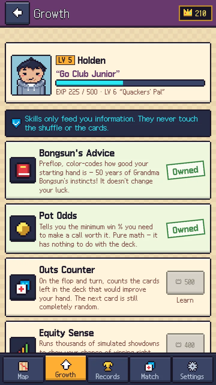 Growth 画面——「Skills only feed you information. They never touch the shuffle or the cards.」と、Bongsun's Advice・Pot Odds・Outs Counter・Equity Sense のスキル