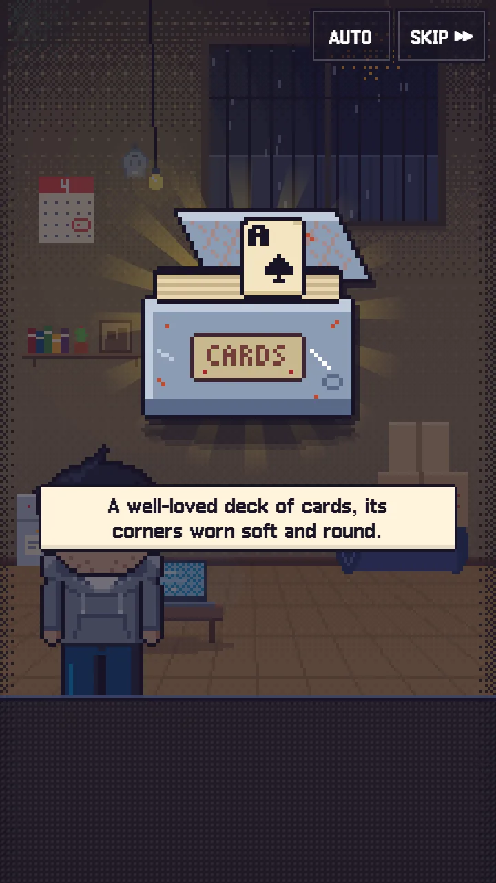 イントロ——祖父の遺品の箱から出てきた、CARDS と書かれたケースのトランプひと組:「A well-loved deck of cards, its corners worn soft and round.」