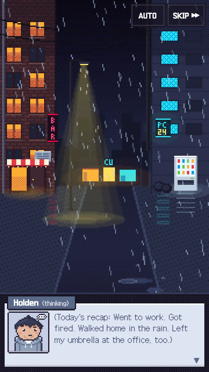 イントロ——雨の降る2026年、ソウルの夜の路地。Holden の心の声:「(Today's recap: Went to work. Got fired. Walked home in the rain. Left my umbrella at the office, too.)」