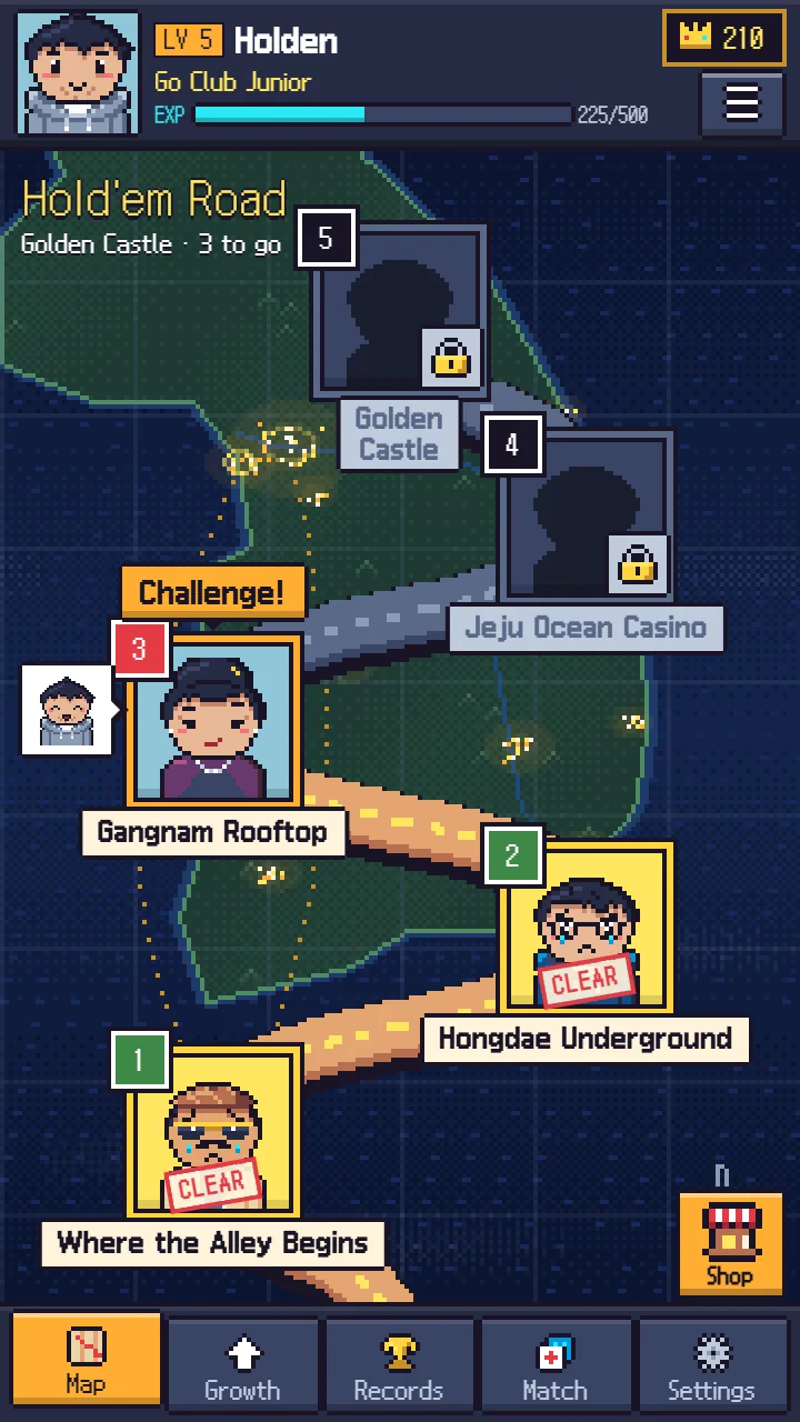 韓国編の地図「Hold'em Road」——1 Where the Alley Begins と 2 Hongdae Underground は CLEAR、3 Gangnam Rooftop に「Challenge!」、4 Jeju Ocean Casino と 5 Golden Castle はロック中