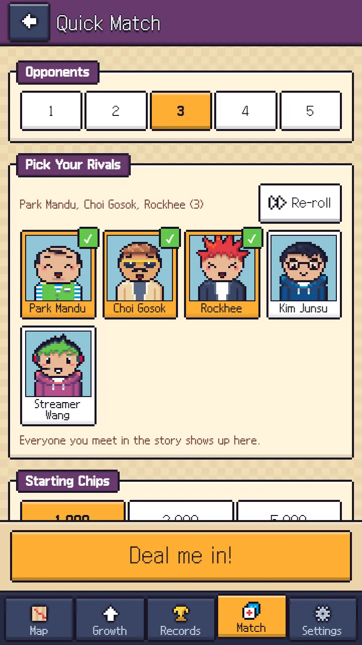 Quick Match 画面——対戦相手の人数1〜5人、「Pick Your Rivals」でストーリーで出会った Park Mandu・Choi Gosok・Rockhee を選択、「Everyone you meet in the story shows up here.」、その下に Starting Chips