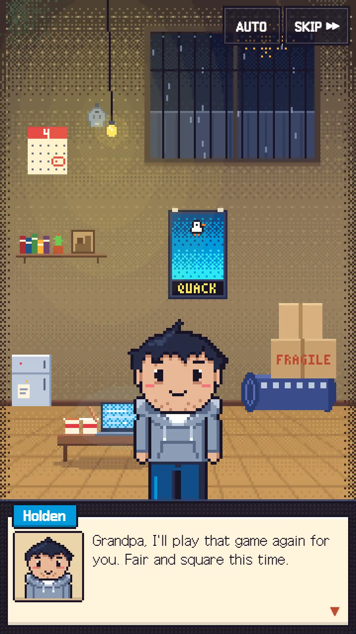 イントロの終わり——半地下の部屋の Holden:「Grandpa, I'll play that game again for you. Fair and square this time.」
