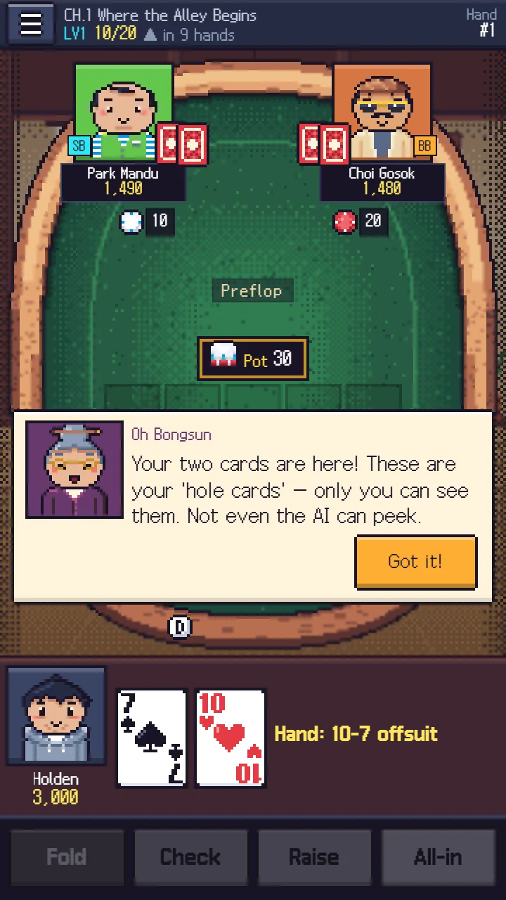 第1章のテーブル——Oh Bongsun の案内:「Your two cards are here! These are your 'hole cards' — only you can see them. Not even the AI can peek.」、下に自分の手札「Hand: 10-7 offsuit」