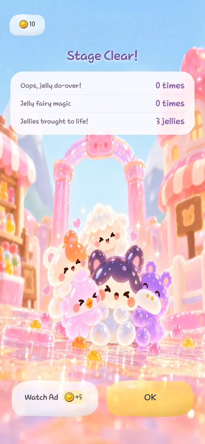 Stage Clear の画面——ゼリーの仲間たちが寄り添って笑い、上に「Stage Clear!」