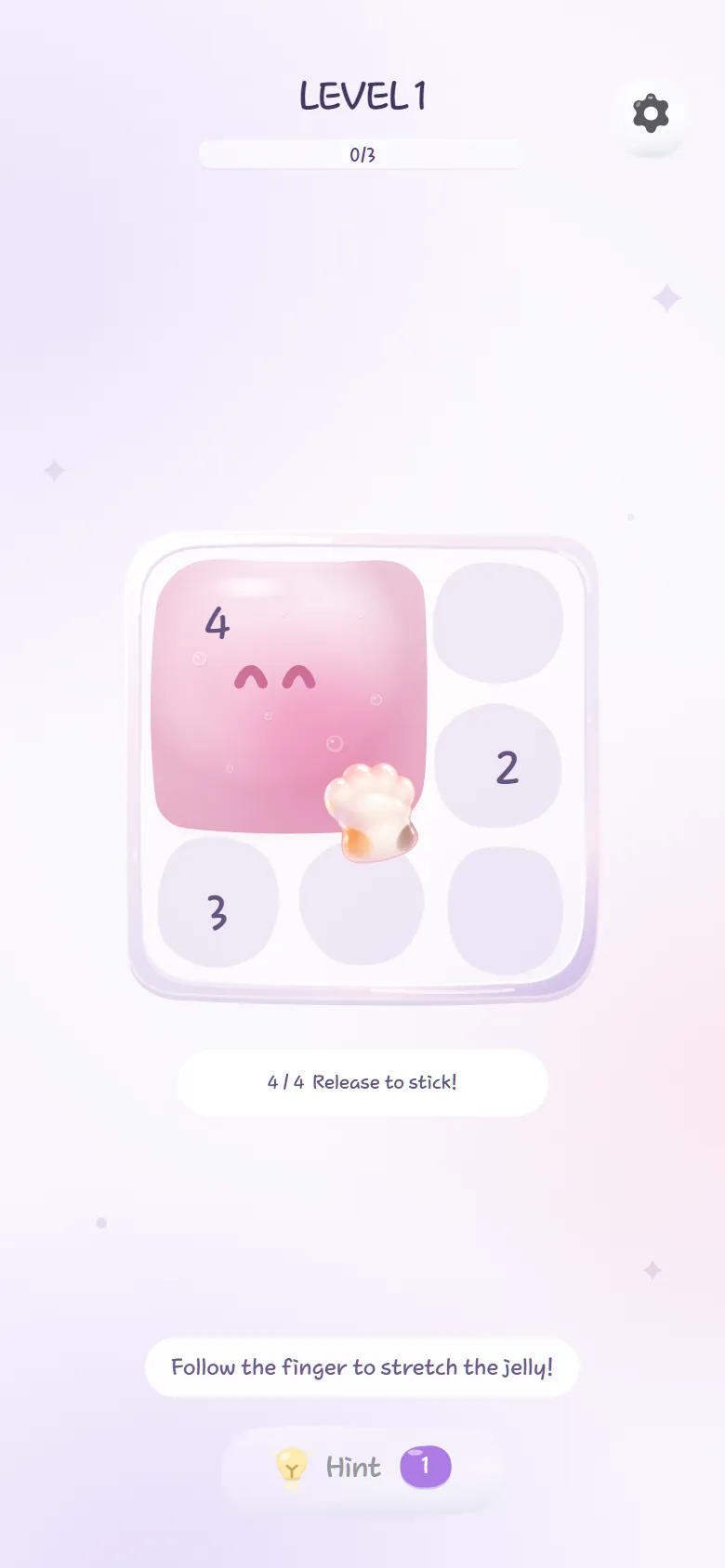 LEVEL 1——3×3の盤面で、指の案内に沿って4のゼリーを2×2にのばす。2と3が残っている
