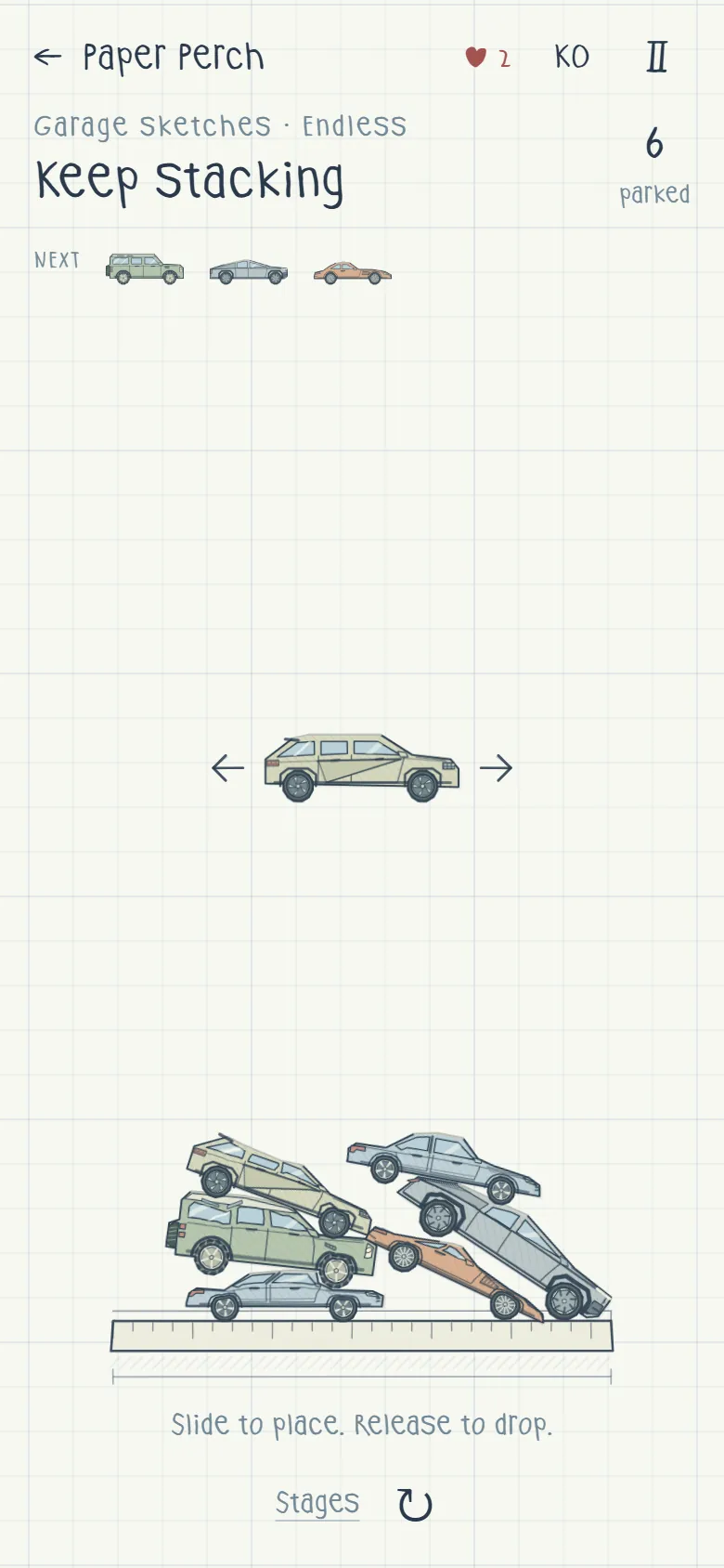 R&D の Car stacking——「Garage sketches · Endless」、台の上に車6台が重なっている