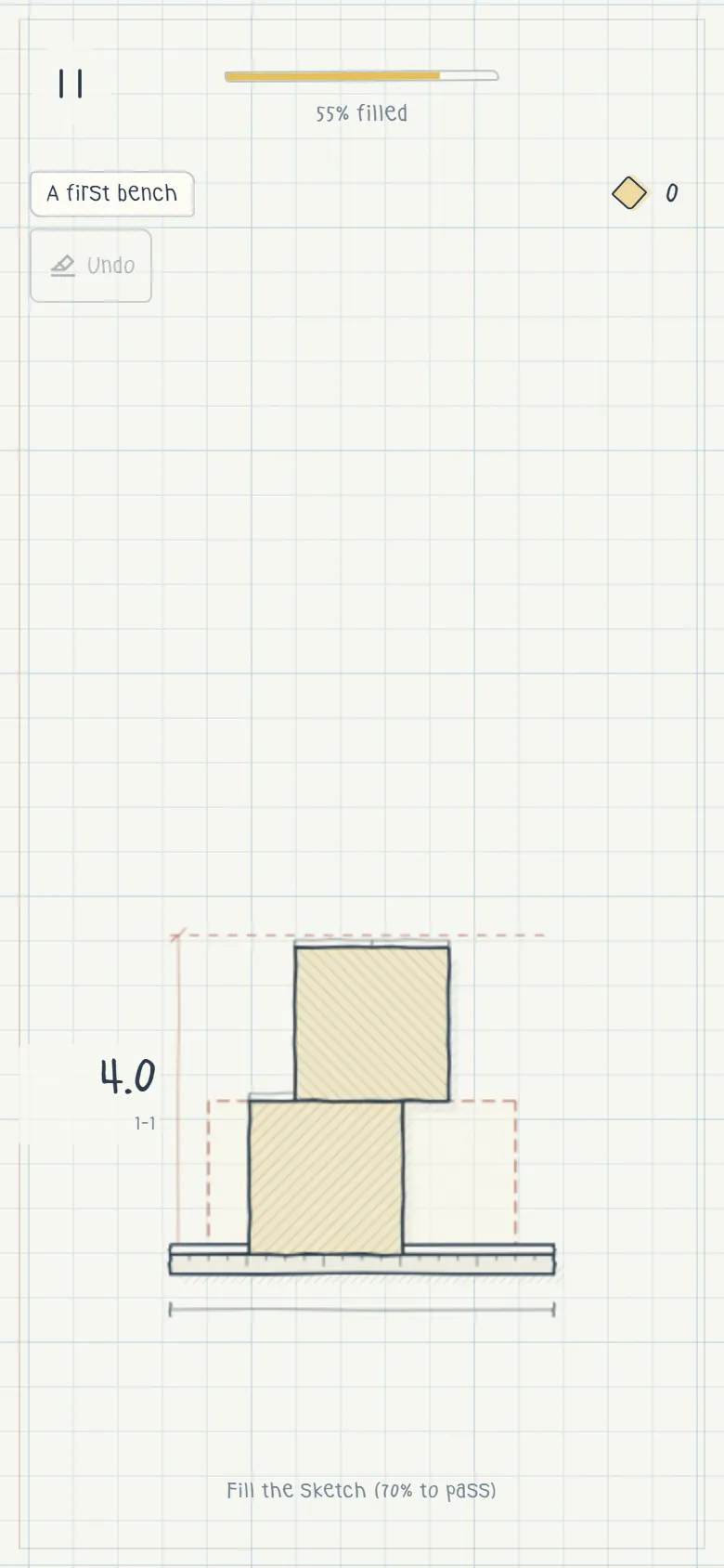 Sketchbook journey の1ページ目——点線で描かれたベンチの下絵の上にブロック2個、55%