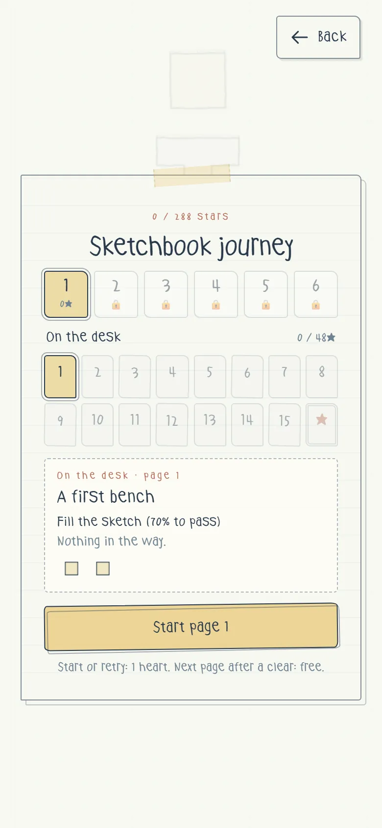 Sketchbook journey——6冊のノートと1冊目 On the desk の16ページ、1ページ目「A first bench」は下絵を埋める(70%でクリア)