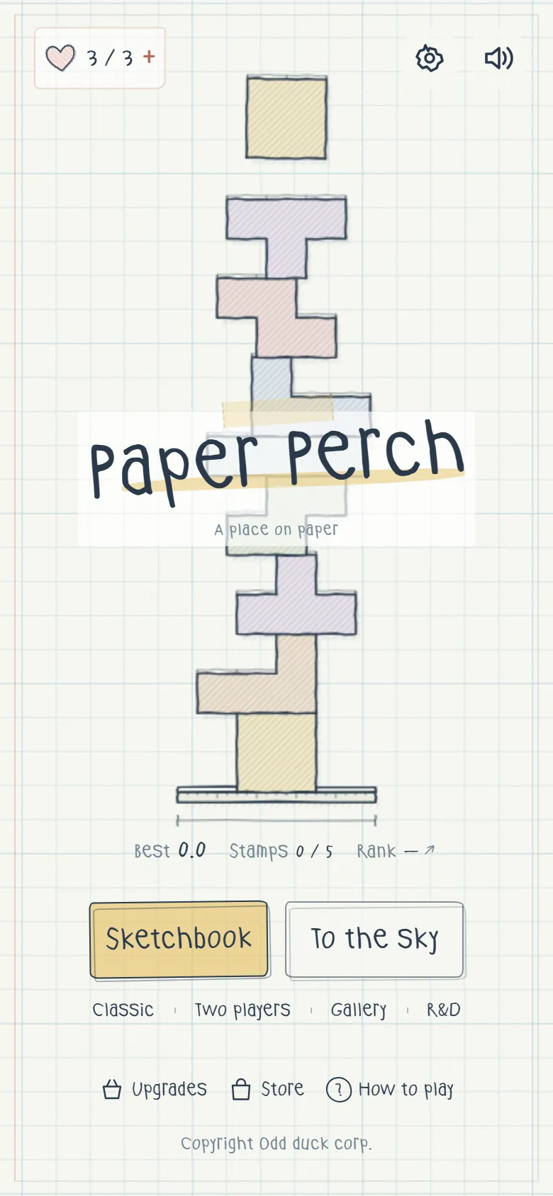 Paper Perch のタイトル画面——方眼紙の上にペンで描いたブロックの塔、サブタイトル「A place on paper」、Sketchbook と To the Sky のボタン
