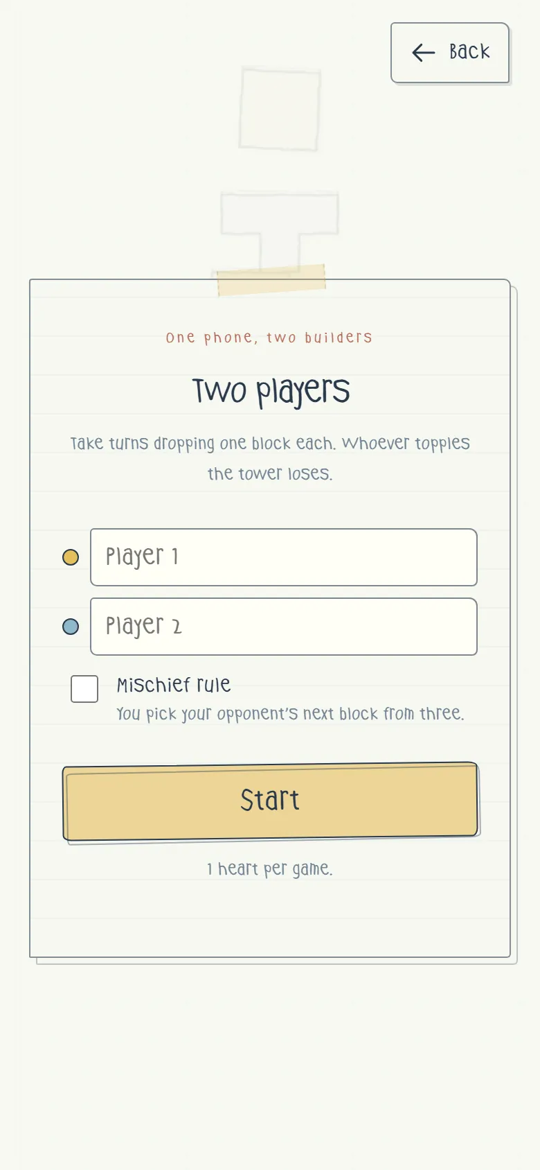 Two players の開始画面——「One phone, two builders」、Player 1・Player 2 の名前欄と Mischief rule のチェックボックス