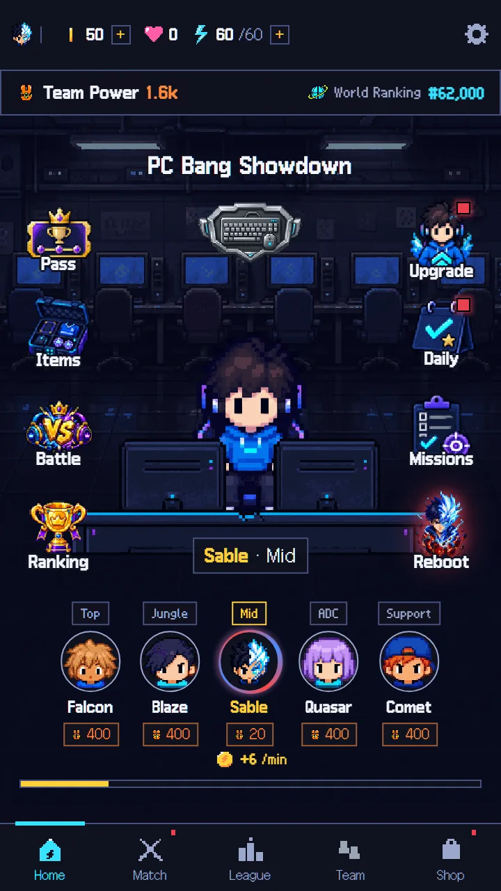 ホーム画面——「PC Bang Showdown」の舞台でゲーミングチェアに座る選手と、その下に並ぶ5人のチーム、Team Power 1.6k・World Ranking #62,000、両側に Upgrade・Daily・Missions・Battle・Ranking のメニュー