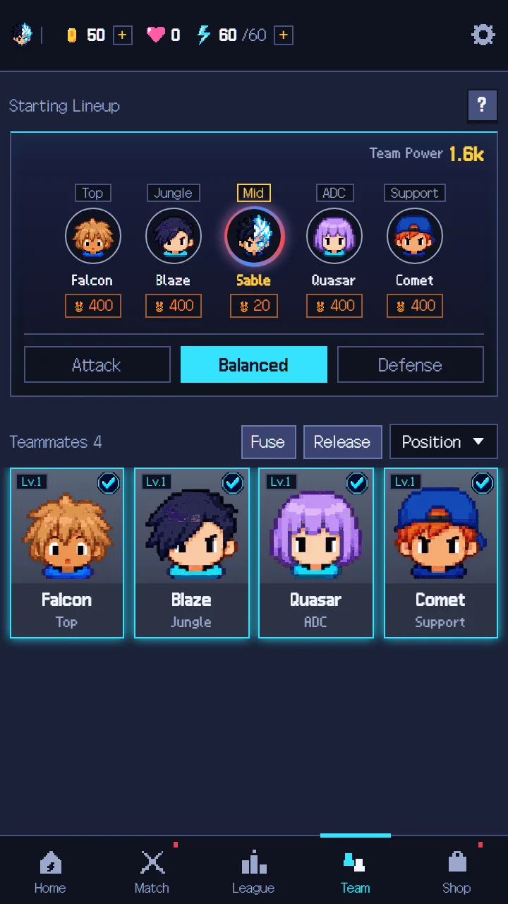 チーム画面——Starting Lineup と Attack・Balanced・Defense の選択、「Teammates 4」