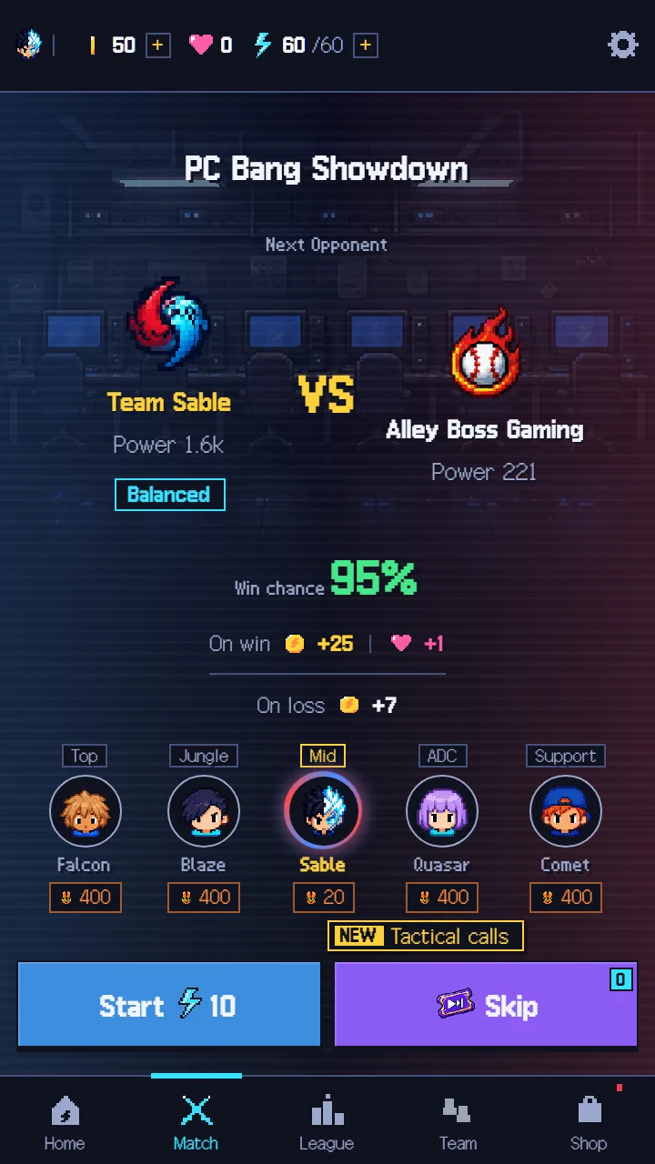 試合画面——Team Sable VS Alley Boss Gaming、Win chance 95%、On win と On loss の報酬、「NEW Tactical calls」の表示、Start・Skip ボタン