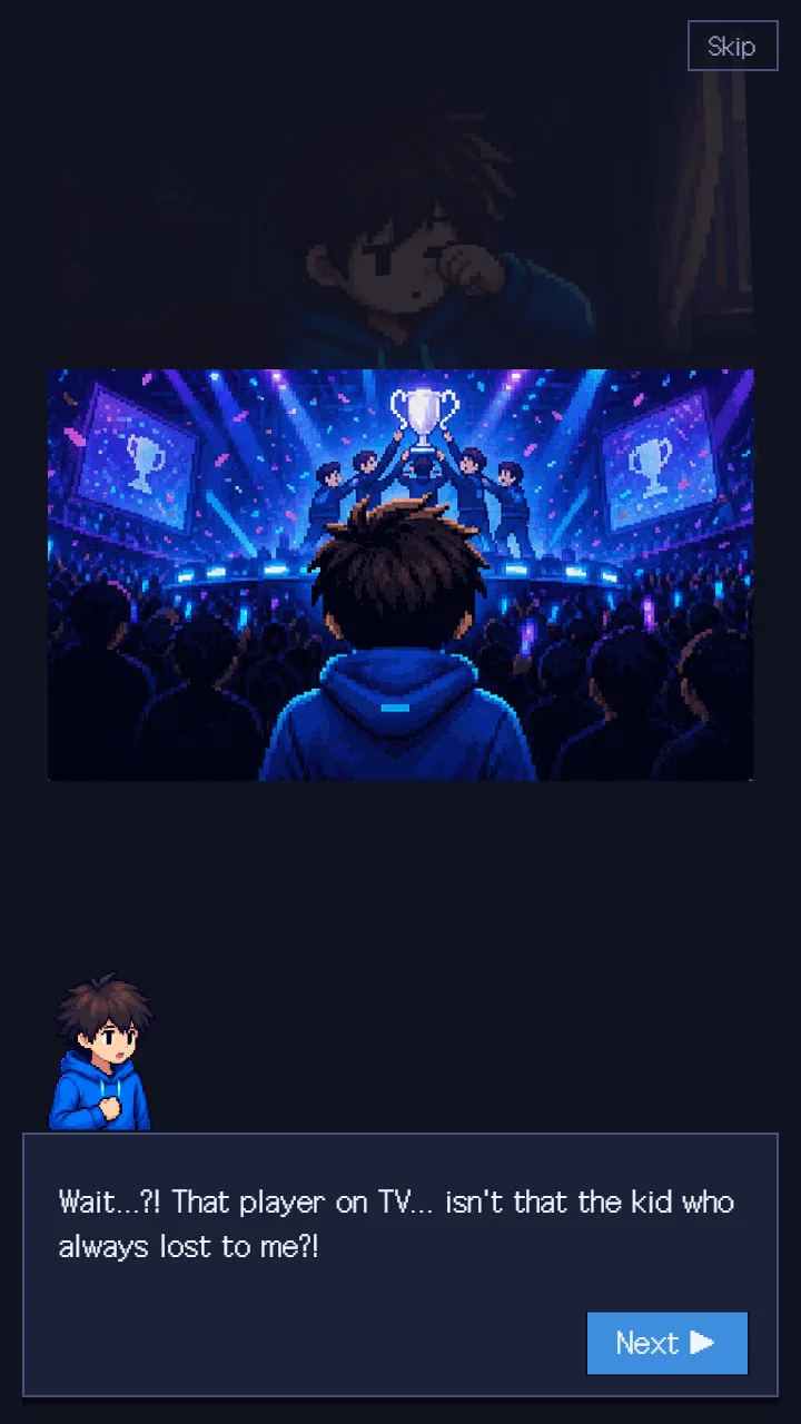 ストーリーの場面——TVに映る世界大会の舞台を見つめる主人公の後ろ姿、「Wait…?! That player on TV… isn’t that the kid who always lost to me?!」