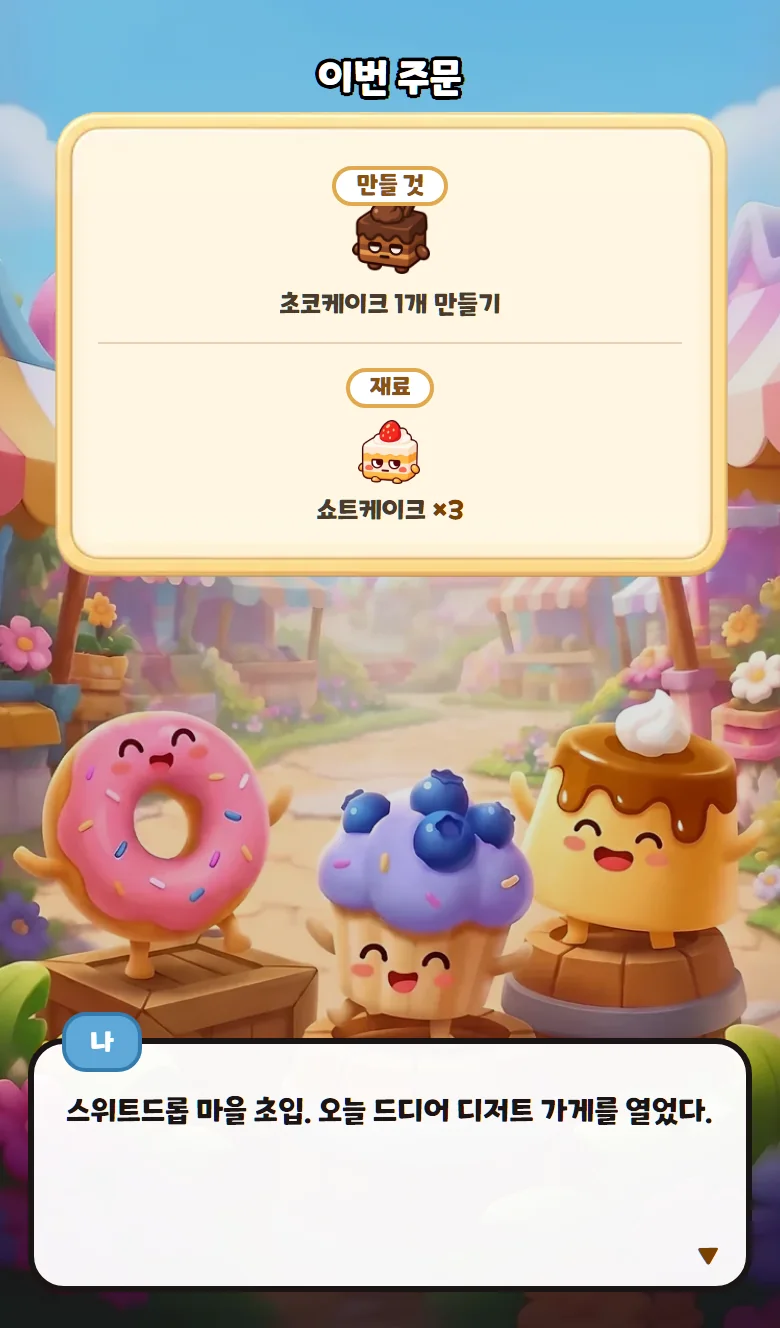 첫 주문 — 쇼트케이크 3개로 초코케이크 1개 만들기, 스위트드롭 마을 초입에서 가게를 연 날