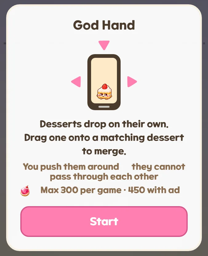 God Hand の説明 — ドラッグして同じデザートにくっつけると合体