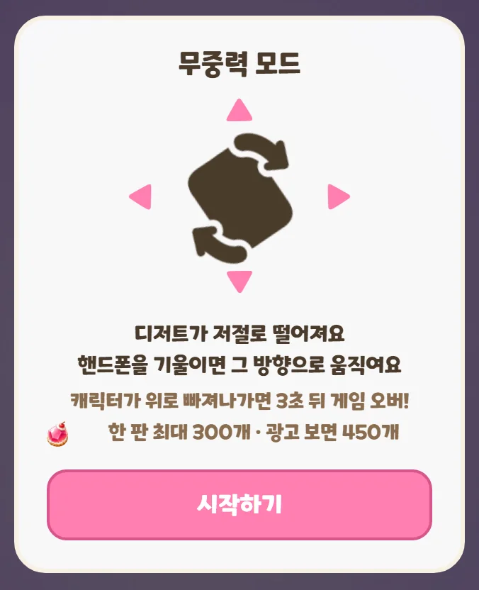 무중력 모드 안내 — 디저트가 저절로 떨어지고, 핸드폰을 기울이면 그 방향으로 움직인다