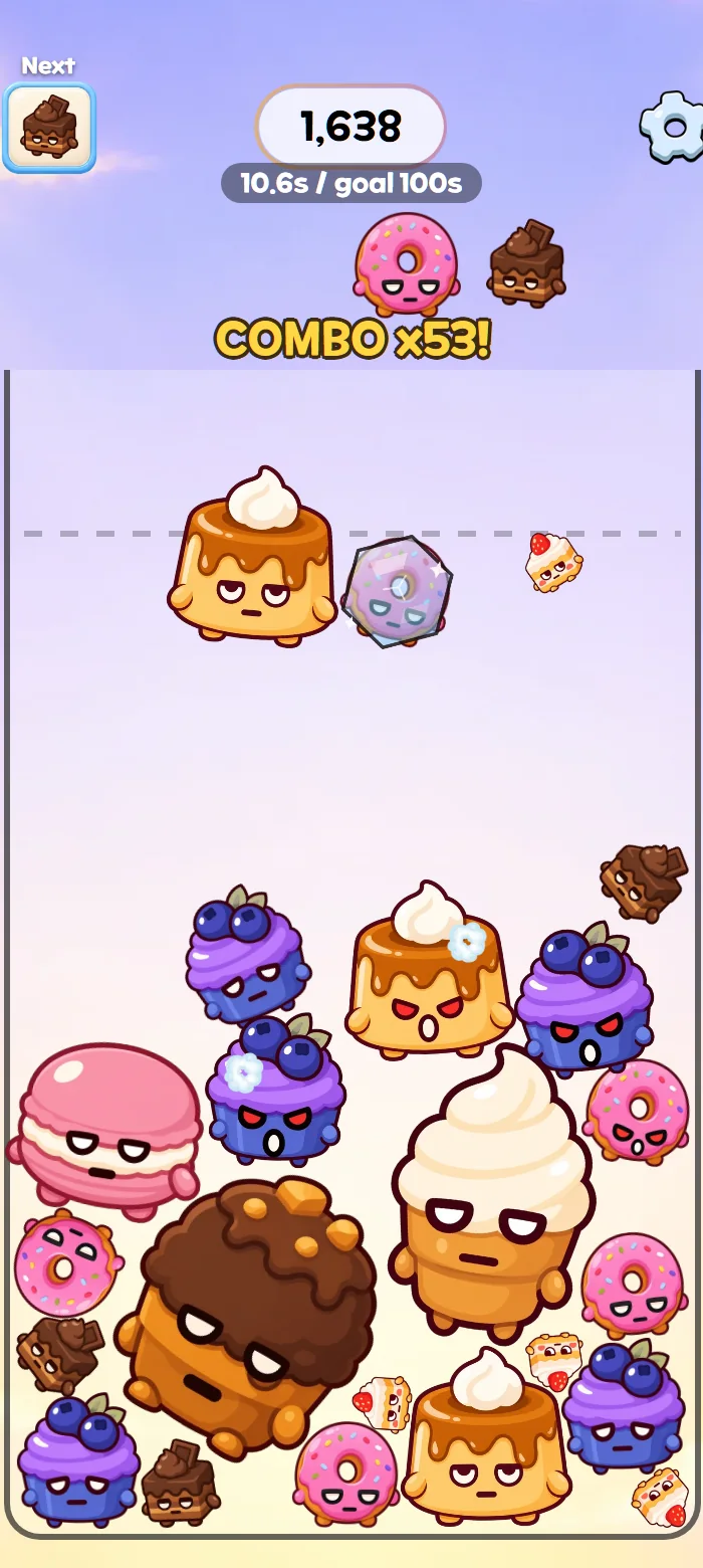 Order Rush のプレイ画面 — COMBO x53、デザートでいっぱいの箱