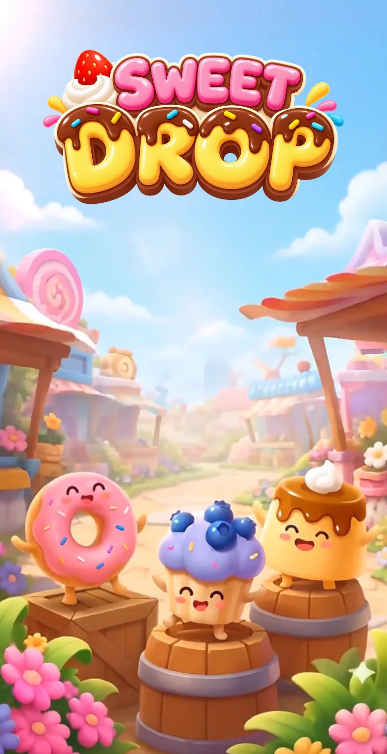 Sweet Drop のタイトル画面 — デザートの市場の前に立つドーナツ、ブルーベリーマフィン、プリン
