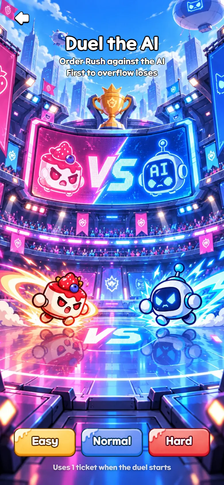Duel the AI — いちごケーキのキャラクターと AI ロボットが向かい合う画面、Easy・Normal・Hard