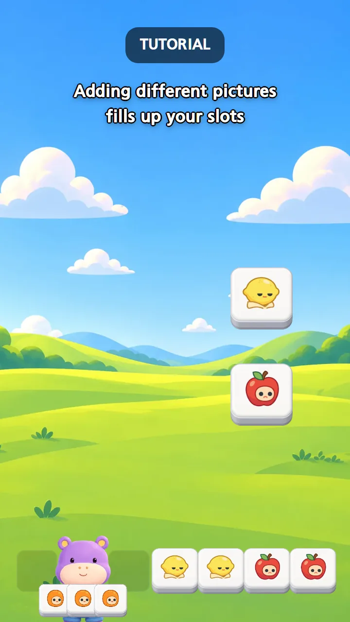チュートリアル——「違う絵を入れると、スロットが埋まっていきます」、同じ絵のブロック3つを抱えていくカバの仲間と、スロットに入った別の絵4つ