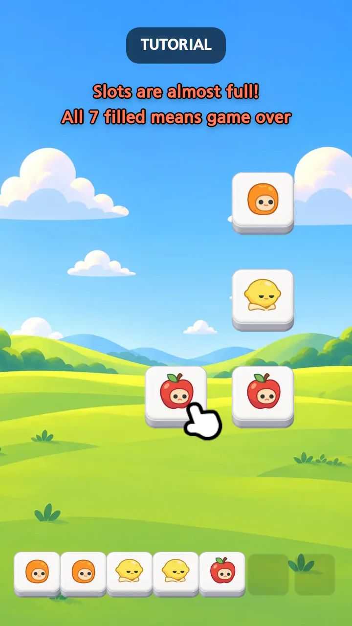 チュートリアル——「スロットがもうすぐいっぱい！7マスすべて埋まるとゲームオーバー」、スロットが5マス埋まった様子