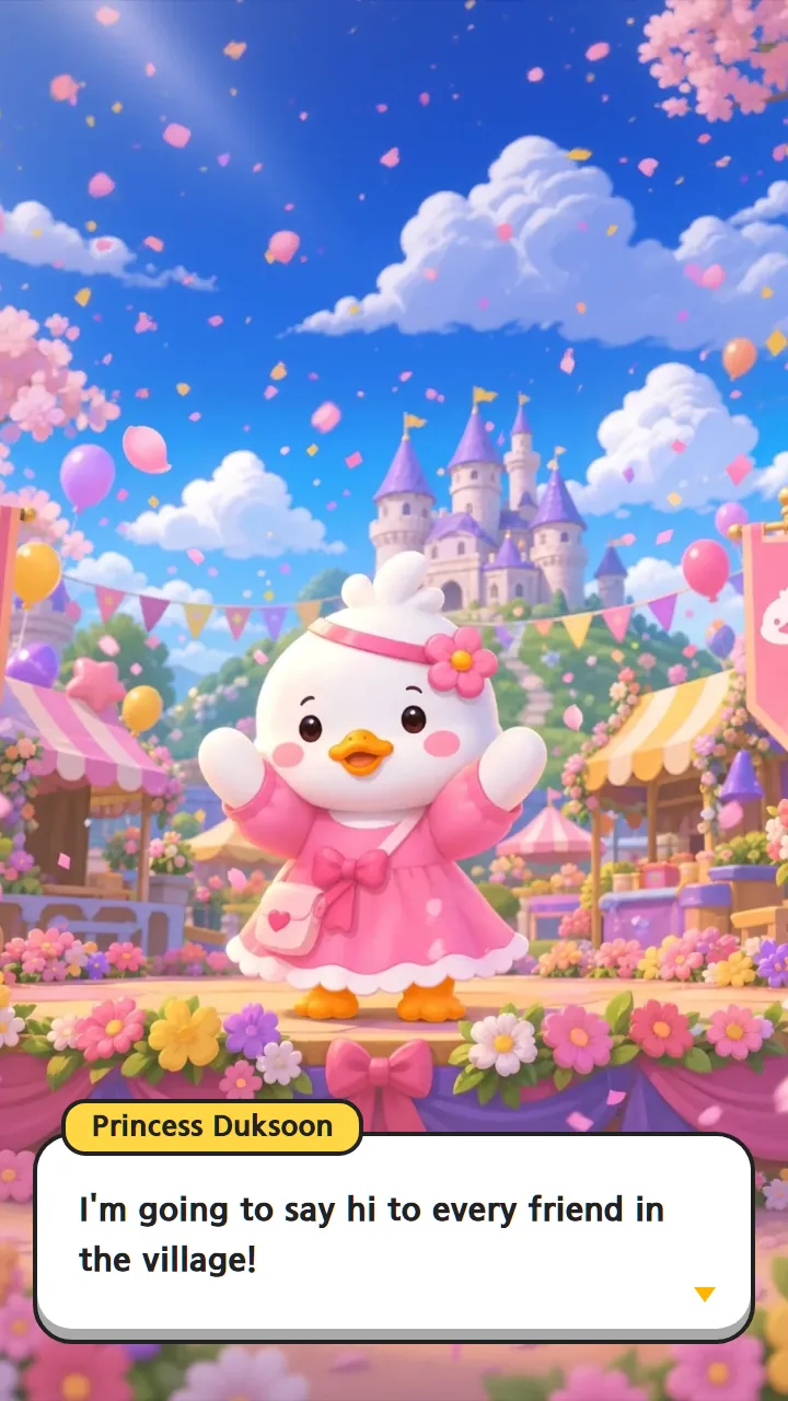 ストーリーの場面——花と旗で飾られた村のステージに立つドクスン姫、セリフは「今日は村の友だちみんなに、ひとりずつ会いに行くんだ！」