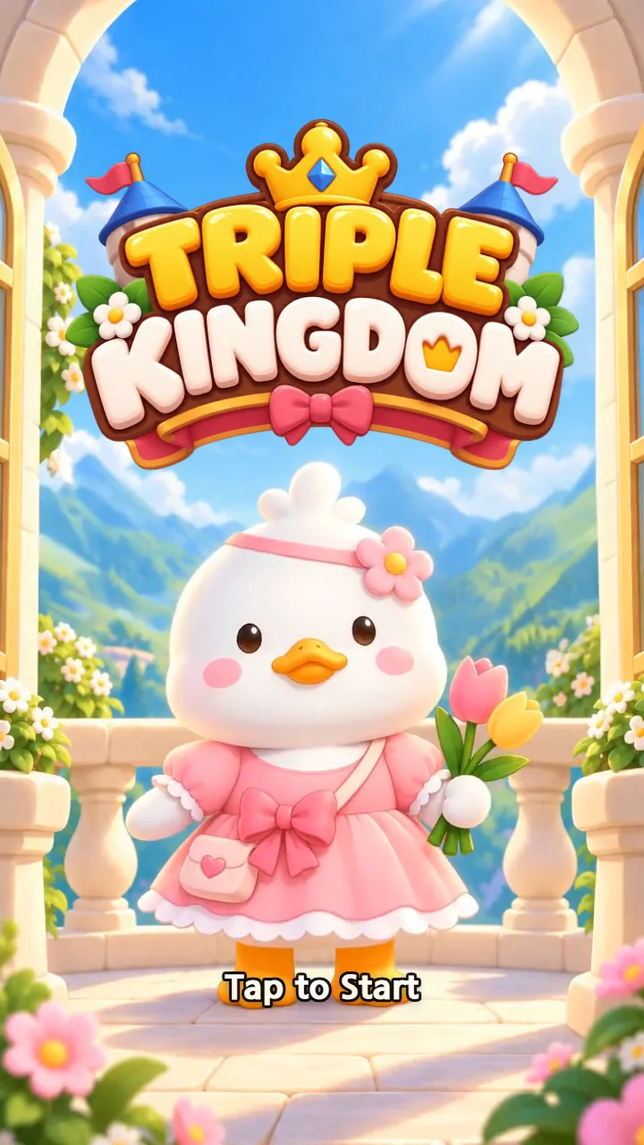 タイトル画面——王冠をのせた TRIPLE KINGDOM のロゴの下に、ピンクのドレスを着て花束を持った白いアヒルのドクスン姫と「タップしてスタート」