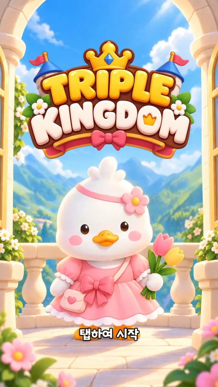 타이틀 화면 — 왕관을 얹은 TRIPLE KINGDOM 로고 아래, 분홍 드레스를 입고 꽃다발을 든 하얀 오리 덕순 공주와 '탭하여 시작'